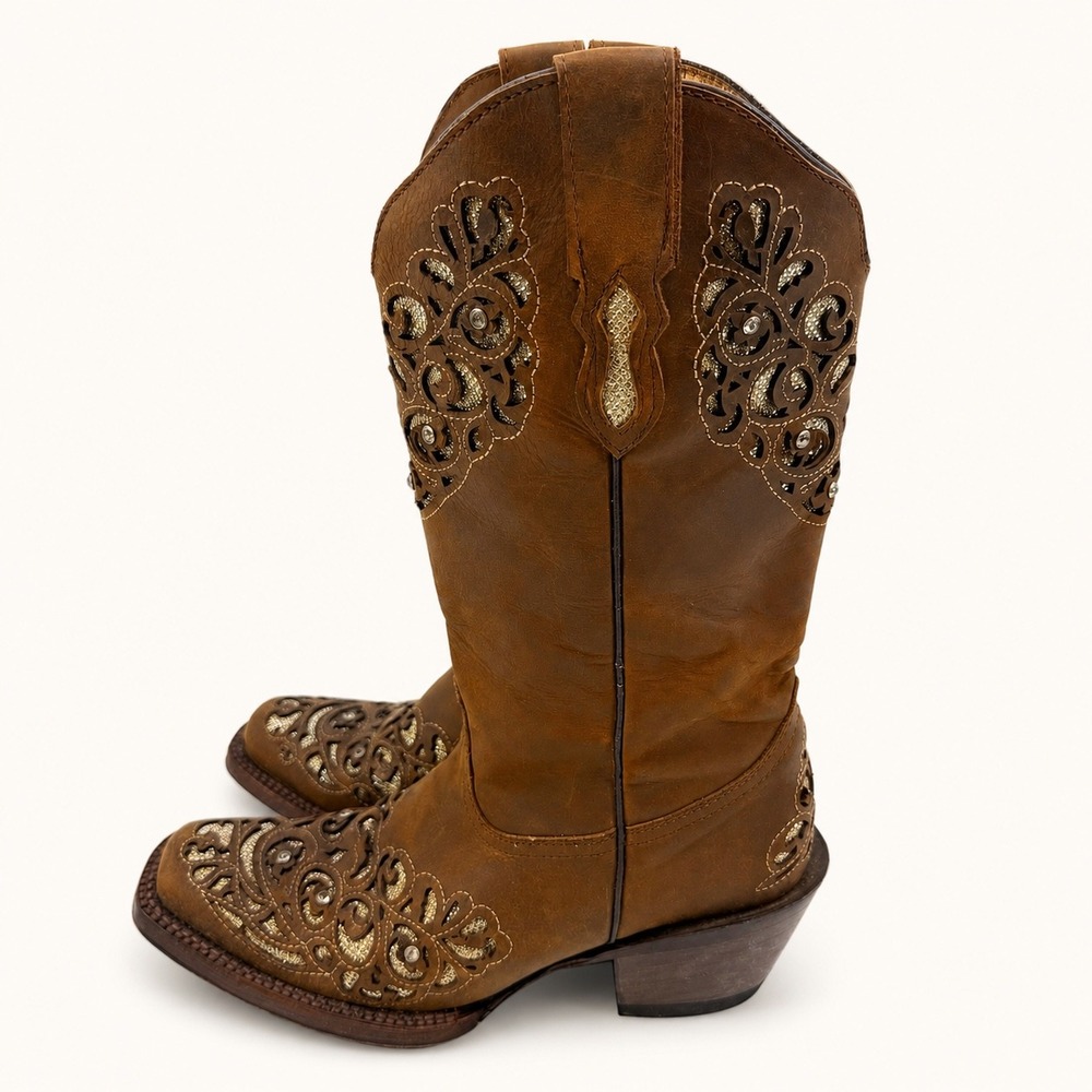 El Coronel 9* Western Boots Glitter Filigree Square Toe Rodeo Cowgirl Festival